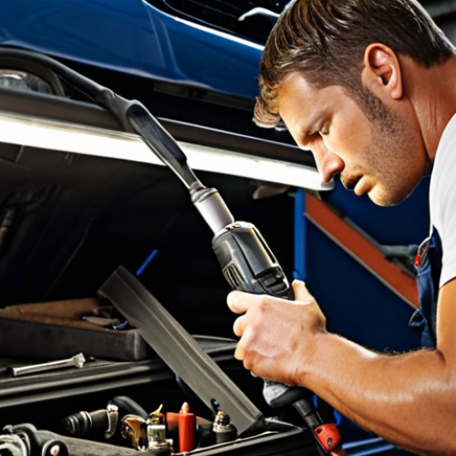 **Automotive repair shop interior, focus on a mechanic using a cordless drill/driver to fix a car part. Good lighting, organized tools visible.**
