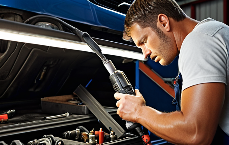 **Automotive repair shop interior, focus on a mechanic using a cordless drill/driver to fix a car part. Good lighting, organized tools visible.**