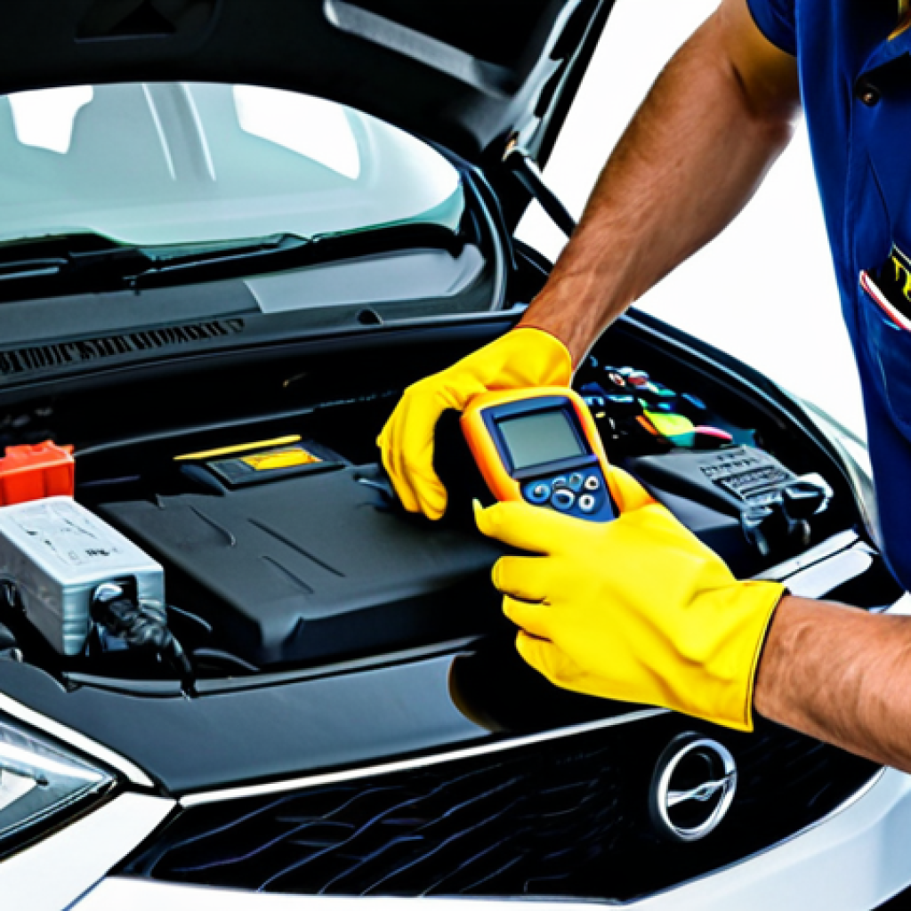 자동차정비 실무에서 하이브리드 차량 수리 - **Prompt:** A mechanic, wearing appropriate safety gear (gloves, eye protection), carefully inspecti...