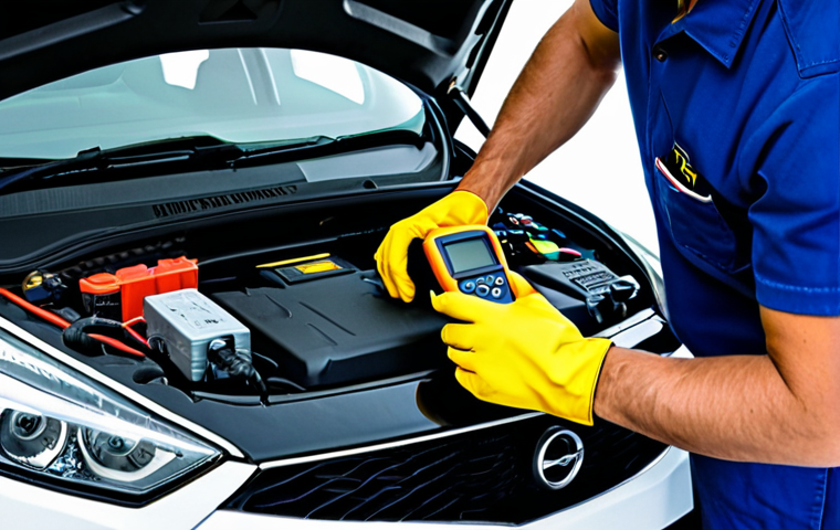 자동차정비 실무에서 하이브리드 차량 수리 - **Prompt:** A mechanic, wearing appropriate safety gear (gloves, eye protection), carefully inspecti...