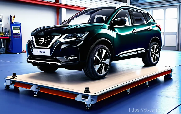 자동차정비 실무에서 사용하는 장비 - **Prompt 2: Modern Car Lift in a Busy Workshop**
    "A wide-angle, dynamic shot inside a bustling a...