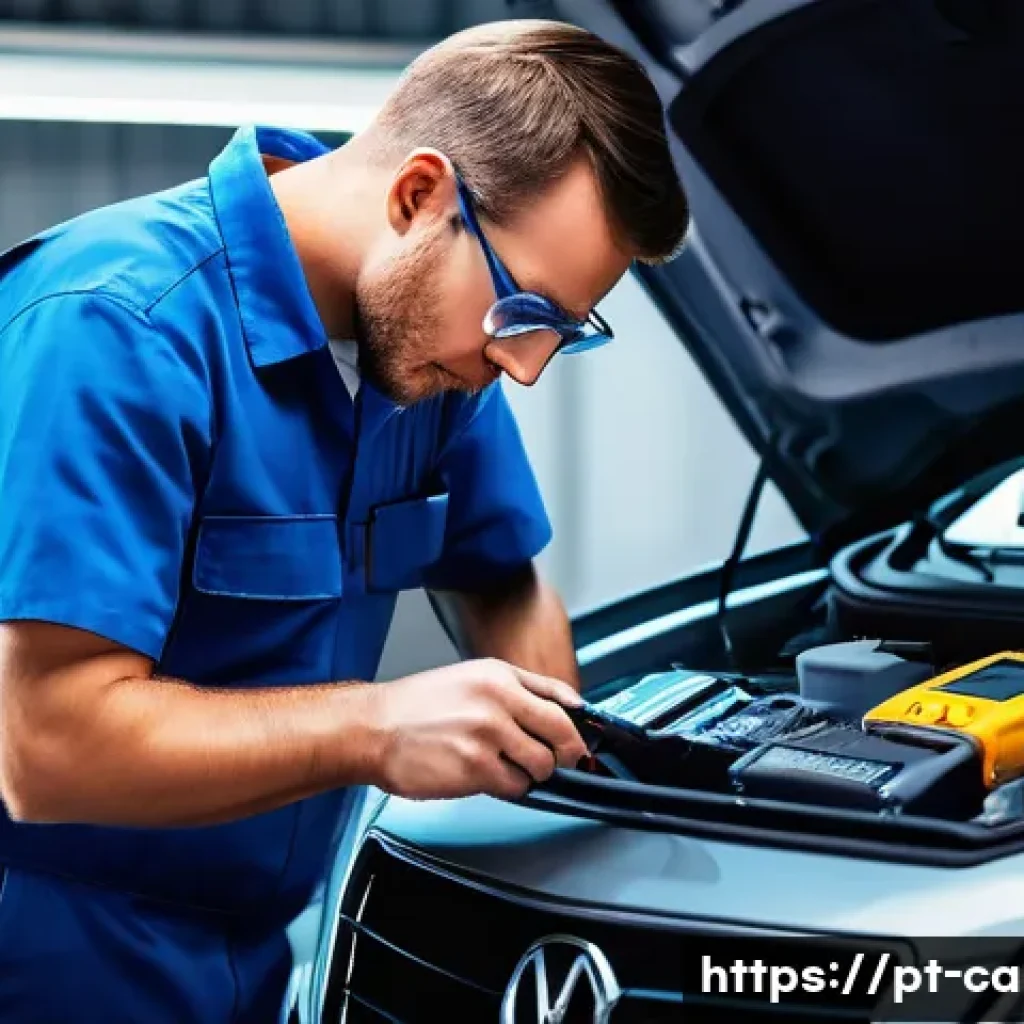자동차정비 실무 사례 전자장비 오류 해결 - A detailed automotive workshop scene focusing on a mechanic using an OBD-II scanner connected to a m...