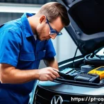 자동차정비 실무 사례  전자장비 오류 해결 - A detailed automotive workshop scene focusing on a mechanic using an OBD-II scanner connected to a m...