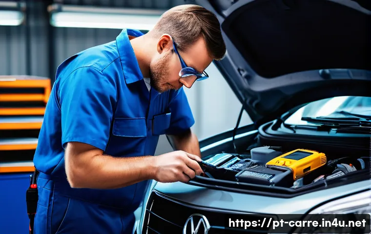 자동차정비 실무 사례  전자장비 오류 해결 - A detailed automotive workshop scene focusing on a mechanic using an OBD-II scanner connected to a m...