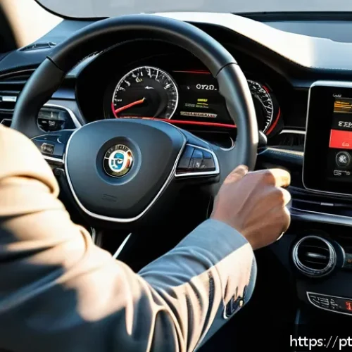 자동차정비 실무 기술 팁 - A detailed interior view of a modern car dashboard with illuminated warning lights such as engine, o...
