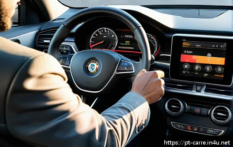 자동차정비 실무 기술 팁 - A detailed interior view of a modern car dashboard with illuminated warning lights such as engine, o...