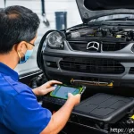 자동차정비 실무 워크숍 후기 - A detailed workshop scene showing a Portuguese-speaking mechanic teaching a small group of attentive...
