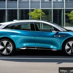 자동차정비 실무와 친환경 자동차 기술 - A modern electric car parked in a sleek urban environment during daytime, showcasing close-up detail...