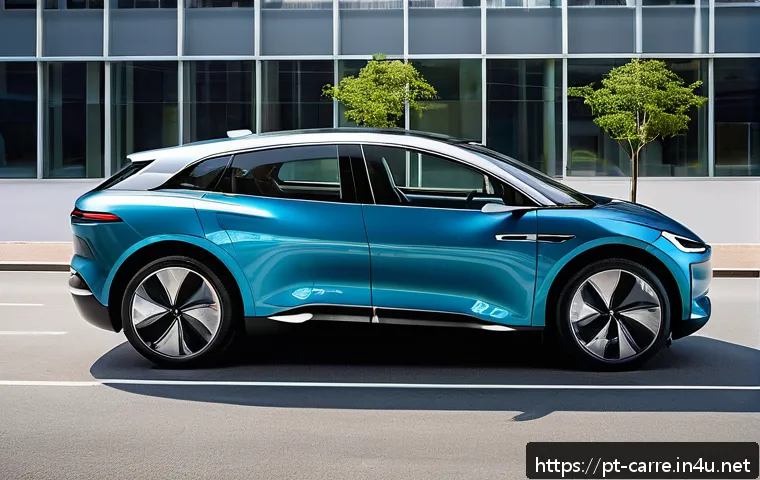 자동차정비 실무와 친환경 자동차 기술 - A modern electric car parked in a sleek urban environment during daytime, showcasing close-up detail...