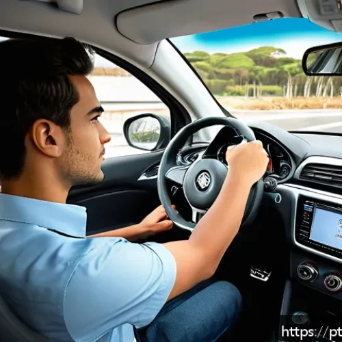 자동차정비 실기시험에서 흔히 하는 실수 - A focused scene inside a modern compact car with a young adult driver adjusting the seat and mirrors...