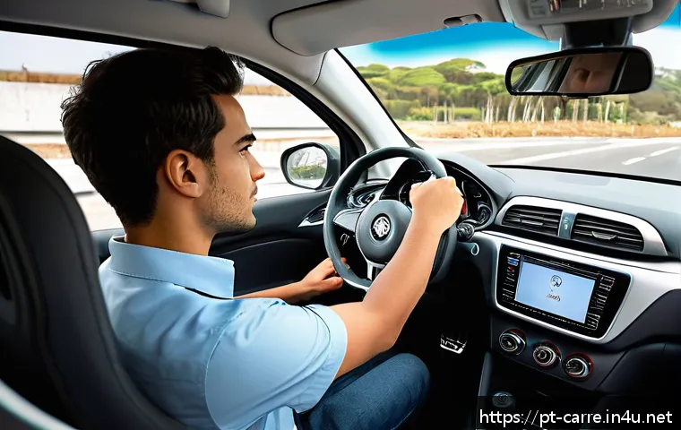 자동차정비 실기시험에서 흔히 하는 실수 - A focused scene inside a modern compact car with a young adult driver adjusting the seat and mirrors...
