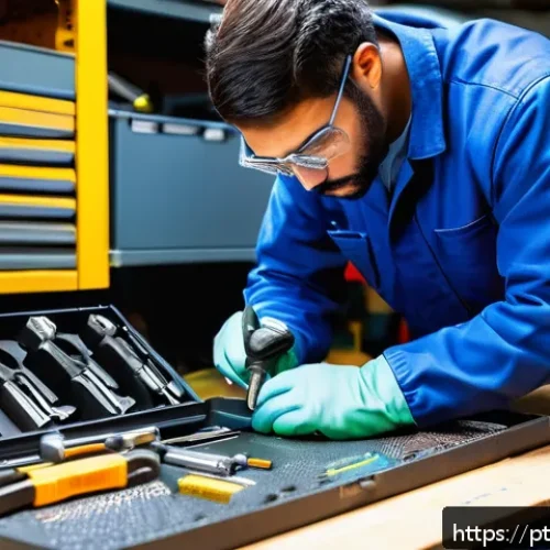 자동차정비 실기시험 팁과 유의사항 - A well-organized automotive workshop scene showing a professional technician preparing for a practic...