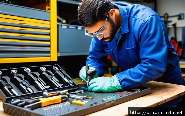 자동차정비 실기시험 팁과 유의사항 - A well-organized automotive workshop scene showing a professional technician preparing for a practic...