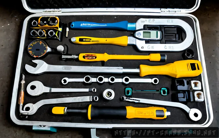 Home 17 자동차정비기사 실기시험 도구 준비물 - Photorealistic overhead flat lay of essential automotive mechanic practical exam tools arranged neat...